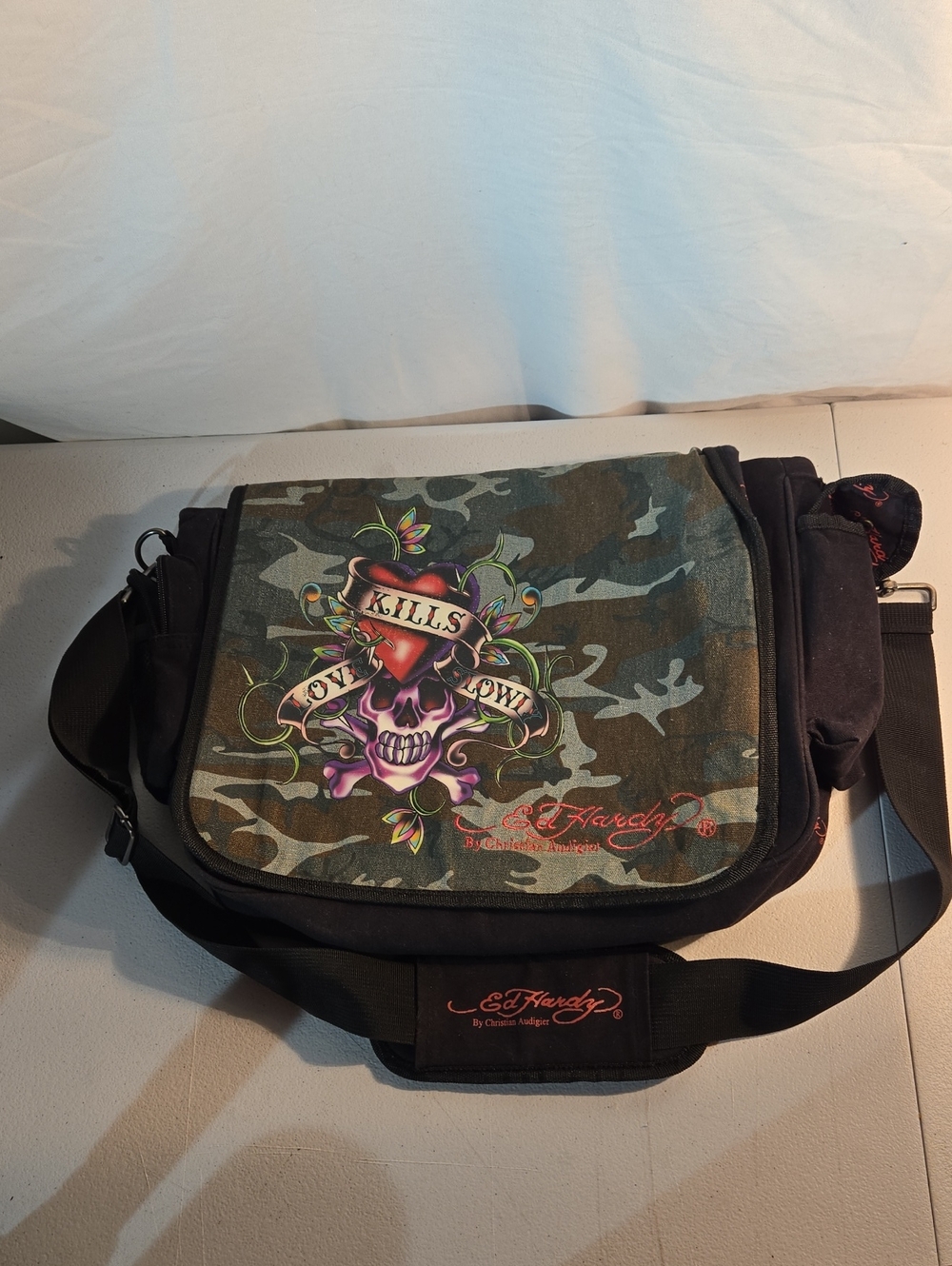 Ed Hardy Camo Messenger Bag with Purple Skull Graphic